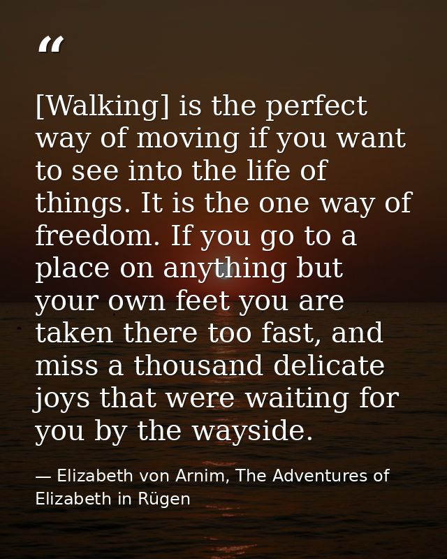 [Walking] is the perfect way of moving if you want to see into the life of things. It is the one way of freedom. If you  — Elizabeth von Arnim, The Adventures of Elizabeth in Rügen