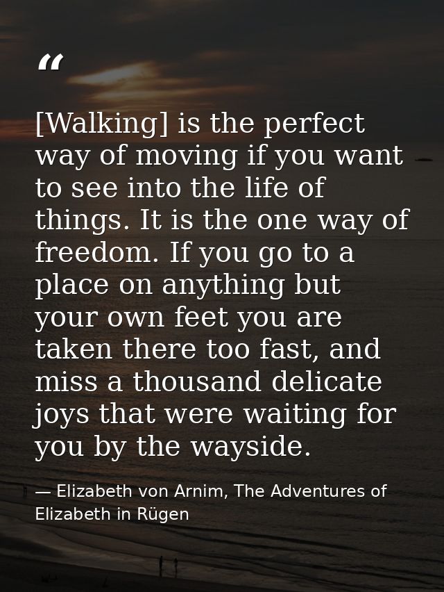 [Walking] is the perfect way of moving if you want to see into the life of things. It is the one way of freedom. If you  — Elizabeth von Arnim, The Adventures of Elizabeth in Rügen