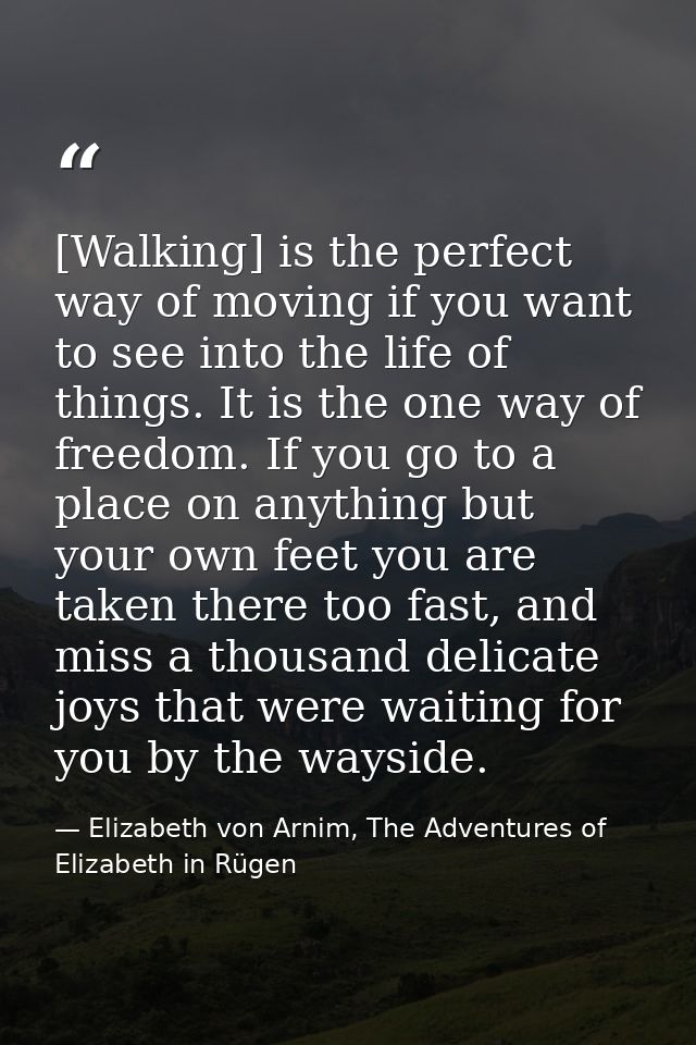 [Walking] is the perfect way of moving if you want to see into the life of things. It is the one way of freedom. If you  — Elizabeth von Arnim, The Adventures of Elizabeth in Rügen