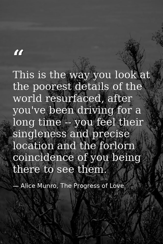 This is the way you look at the poorest details of the world resurfaced, after you've been driving for a long time -- yo — Alice Munro, The Progress of Love