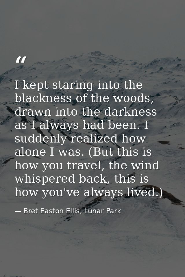 I kept staring into the blackness of the woods, drawn into the darkness as I always had been. I suddenly realized how al — Bret Easton Ellis, Lunar Park
