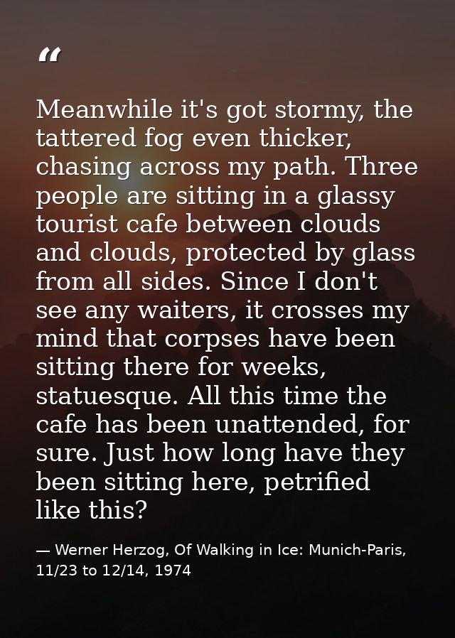 Meanwhile it's got stormy, the tattered fog even thicker, chasing across my path. Three people are sitting in a glassy t — Werner Herzog, Of Walking in Ice: Munich-Paris, 11/23 to 12/14, 1974