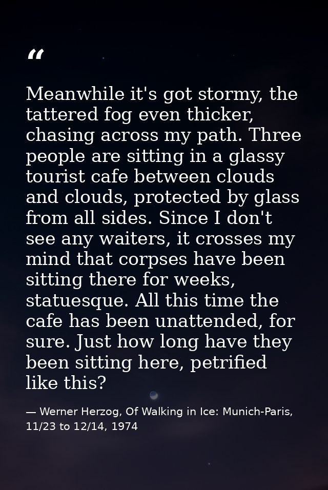 Meanwhile it's got stormy, the tattered fog even thicker, chasing across my path. Three people are sitting in a glassy t — Werner Herzog, Of Walking in Ice: Munich-Paris, 11/23 to 12/14, 1974