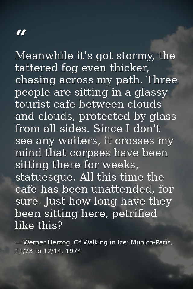 Meanwhile it's got stormy, the tattered fog even thicker, chasing across my path. Three people are sitting in a glassy t — Werner Herzog, Of Walking in Ice: Munich-Paris, 11/23 to 12/14, 1974