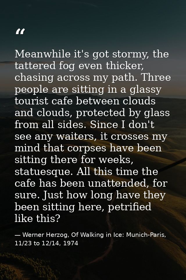 Meanwhile it's got stormy, the tattered fog even thicker, chasing across my path. Three people are sitting in a glassy t — Werner Herzog, Of Walking in Ice: Munich-Paris, 11/23 to 12/14, 1974