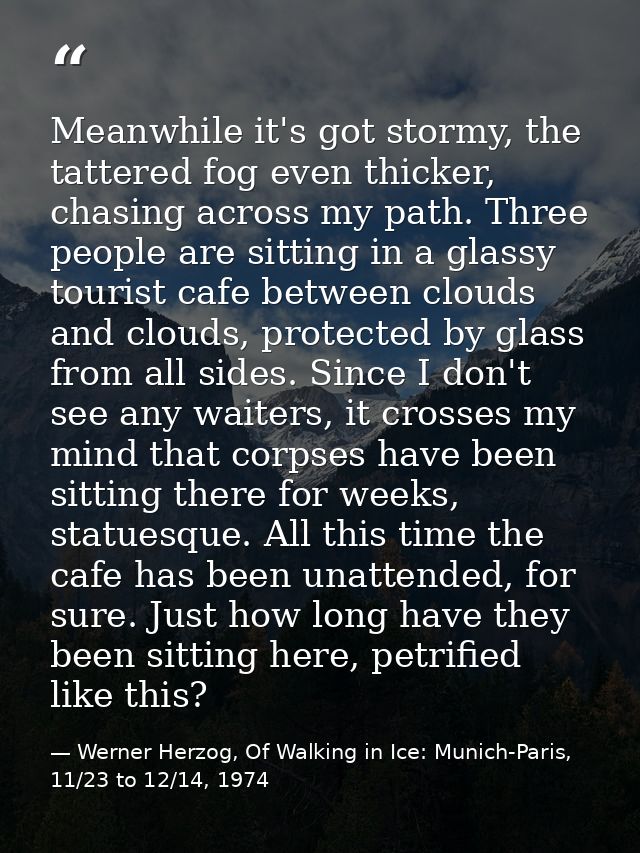 Meanwhile it's got stormy, the tattered fog even thicker, chasing across my path. Three people are sitting in a glassy t — Werner Herzog, Of Walking in Ice: Munich-Paris, 11/23 to 12/14, 1974