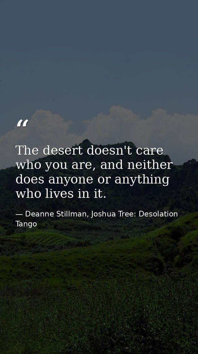 The desert doesn't care who you are, and neither does anyone or anything who lives in it. — Deanne Stillman, Joshua Tree: Desolation Tango