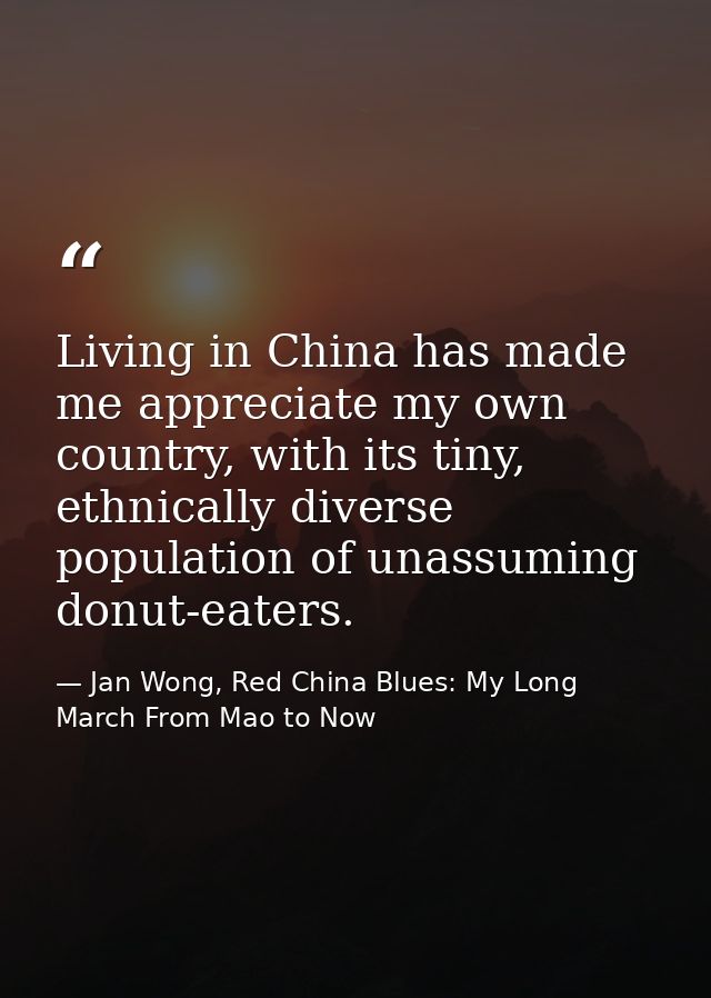 Living in China has made me appreciate my own country, with its tiny, ethnically diverse population of unassuming donut- — Jan Wong, Red China Blues: My Long March From Mao to Now