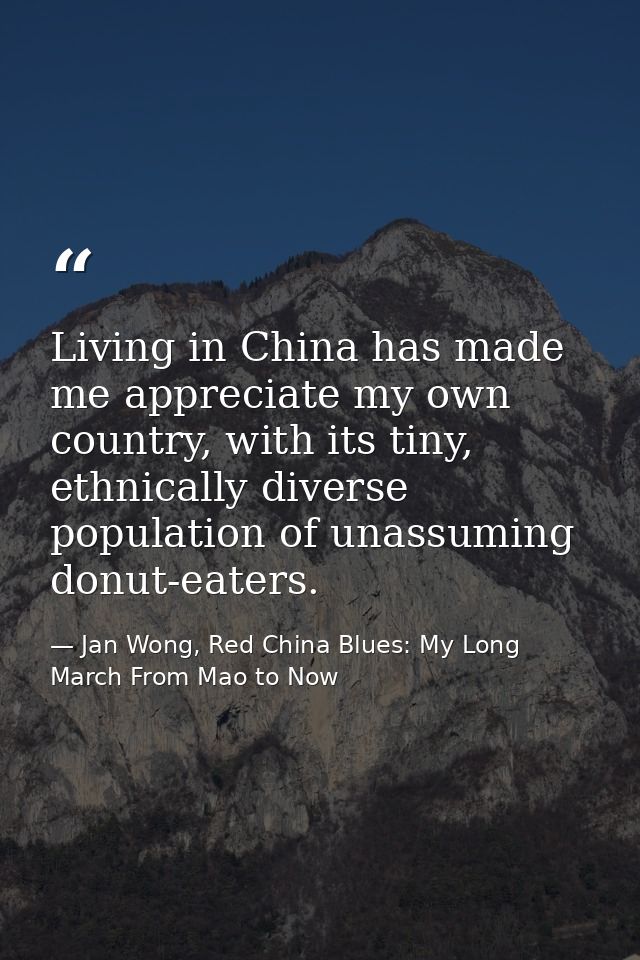 Living in China has made me appreciate my own country, with its tiny, ethnically diverse population of unassuming donut- — Jan Wong, Red China Blues: My Long March From Mao to Now