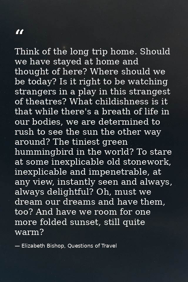 Think of the long trip home. Should we have stayed at home and thought of here? Where should we be today? Is it right to — Elizabeth Bishop, Questions of Travel