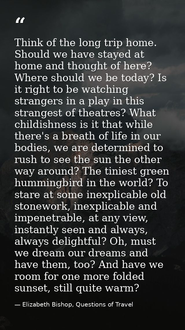 Think of the long trip home. Should we have stayed at home and thought of here? Where should we be today? Is it right to — Elizabeth Bishop, Questions of Travel