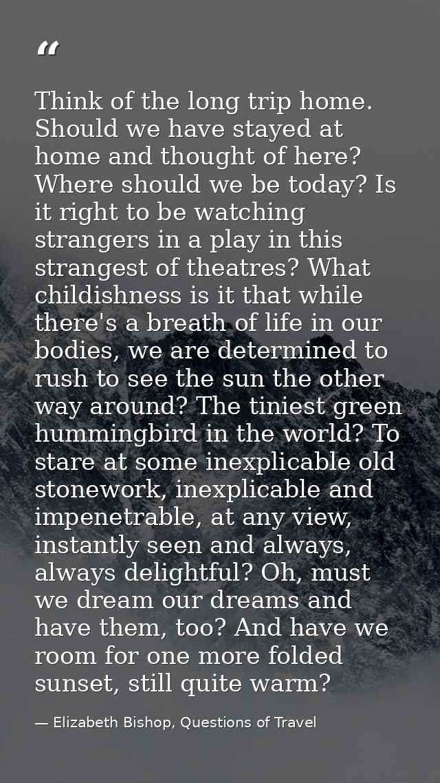 Think of the long trip home. Should we have stayed at home and thought of here? Where should we be today? Is it right to — Elizabeth Bishop, Questions of Travel