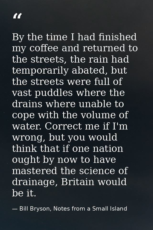 By the time I had finished my coffee and returned to the streets, the rain had temporarily abated, but the streets were  — Bill Bryson, Notes from a Small Island