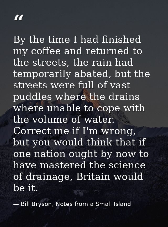 By the time I had finished my coffee and returned to the streets, the rain had temporarily abated, but the streets were  — Bill Bryson, Notes from a Small Island
