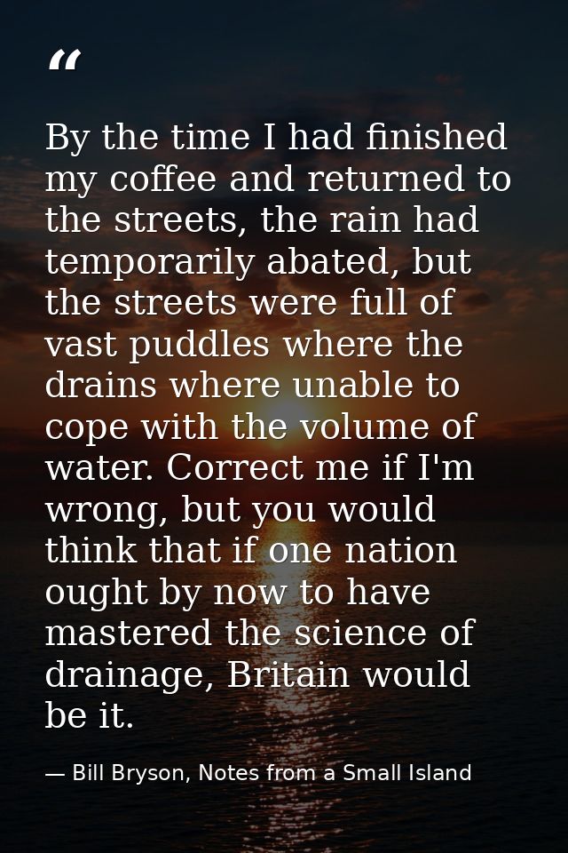 By the time I had finished my coffee and returned to the streets, the rain had temporarily abated, but the streets were  — Bill Bryson, Notes from a Small Island