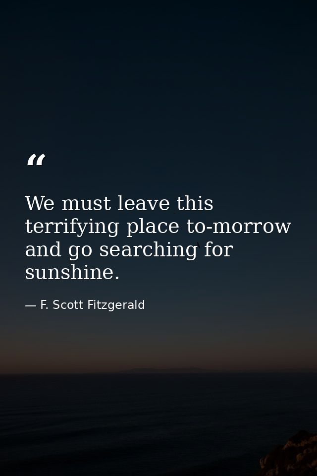 We must leave this terrifying place to-morrow and go searching for sunshine. — F. Scott Fitzgerald