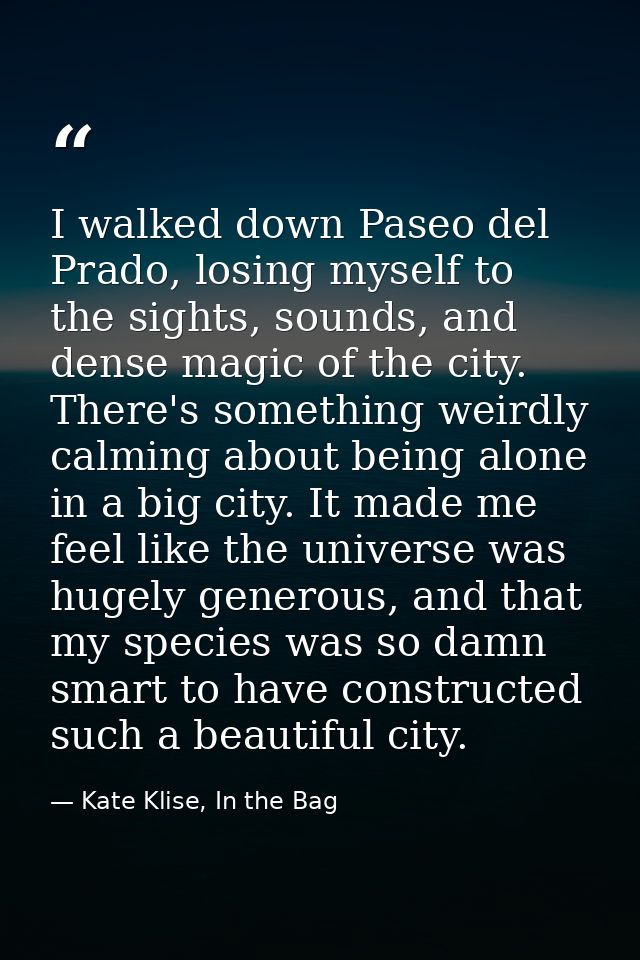 I walked down Paseo del Prado, losing myself to the sights, sounds, and dense magic of the city. There's something weird — Kate Klise, In the Bag