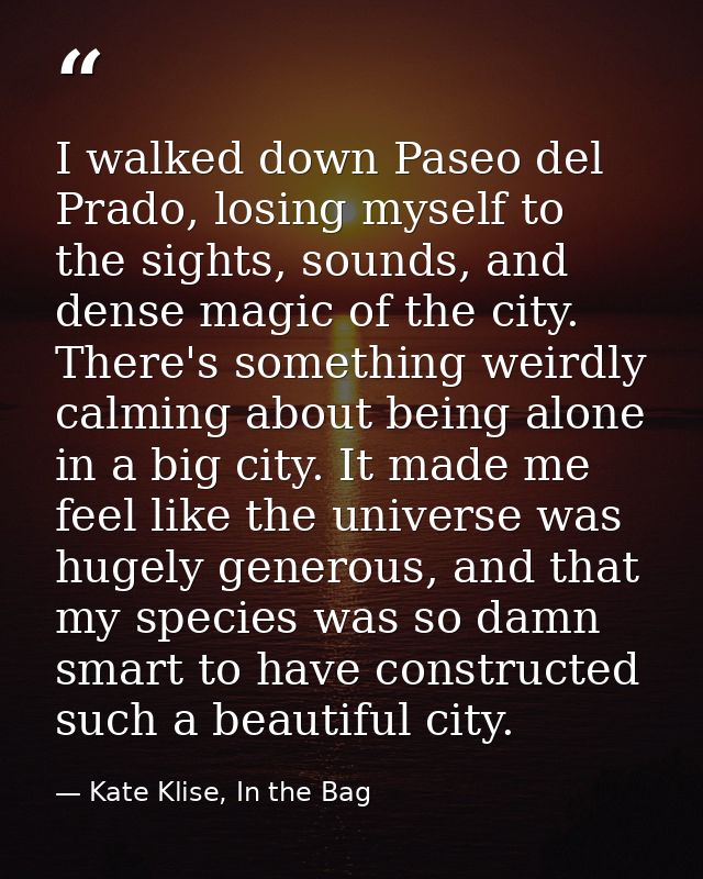 I walked down Paseo del Prado, losing myself to the sights, sounds, and dense magic of the city. There's something weird — Kate Klise, In the Bag