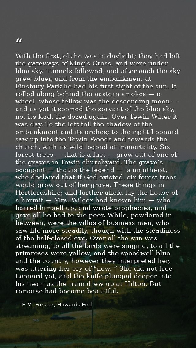 With the first jolt he was in daylight; they had left the gateways of King’s Cross, and were under blue sky. Tunnels fol — E.M. Forster, Howards End