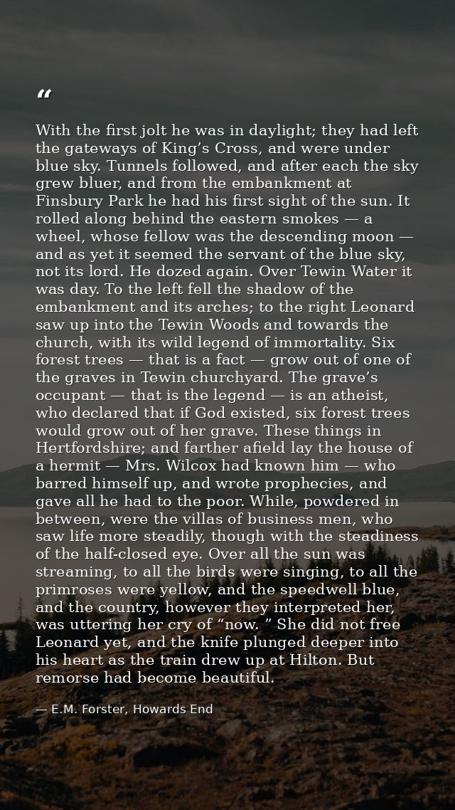 With the first jolt he was in daylight; they had left the gateways of King’s Cross, and were under blue sky. Tunnels fol — E.M. Forster, Howards End