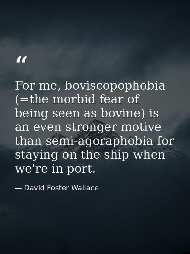 For me, boviscopophobia (=the morbid fear of being seen as bovine) is an even stronger motive than semi-agoraphobia for  — David Foster Wallace