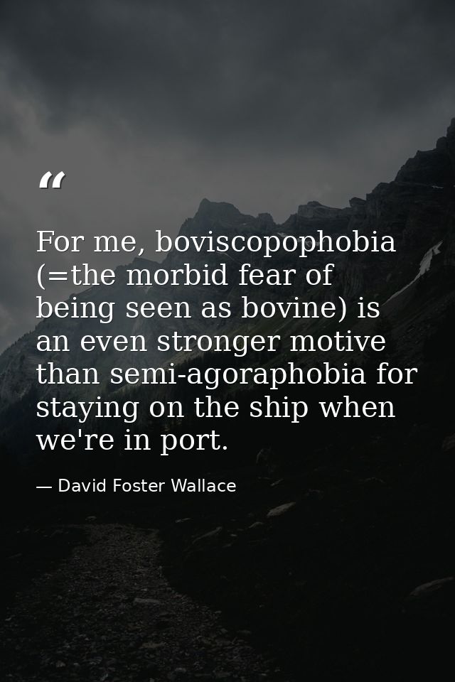 For me, boviscopophobia (=the morbid fear of being seen as bovine) is an even stronger motive than semi-agoraphobia for  — David Foster Wallace