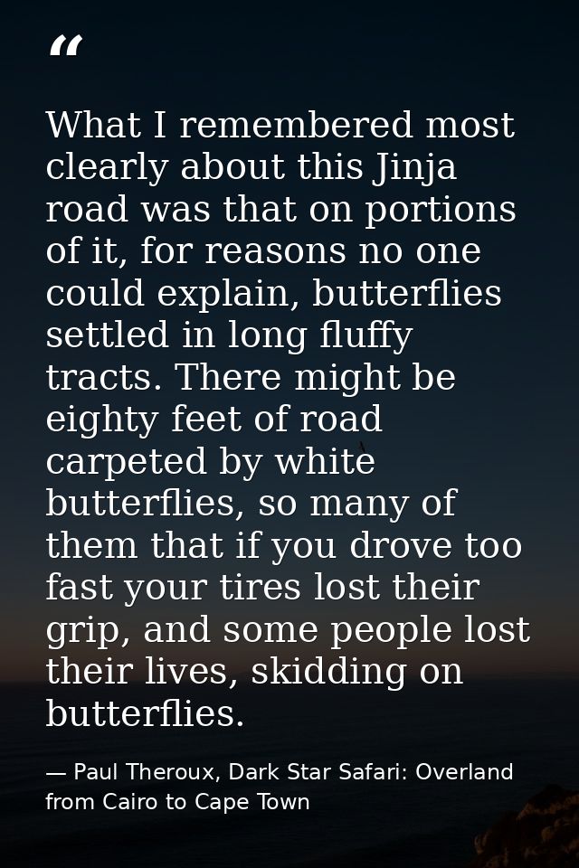 What I remembered most clearly about this Jinja road was that on portions of it, for reasons no one could explain, butte — Paul Theroux, Dark Star Safari: Overland from Cairo to Cape Town