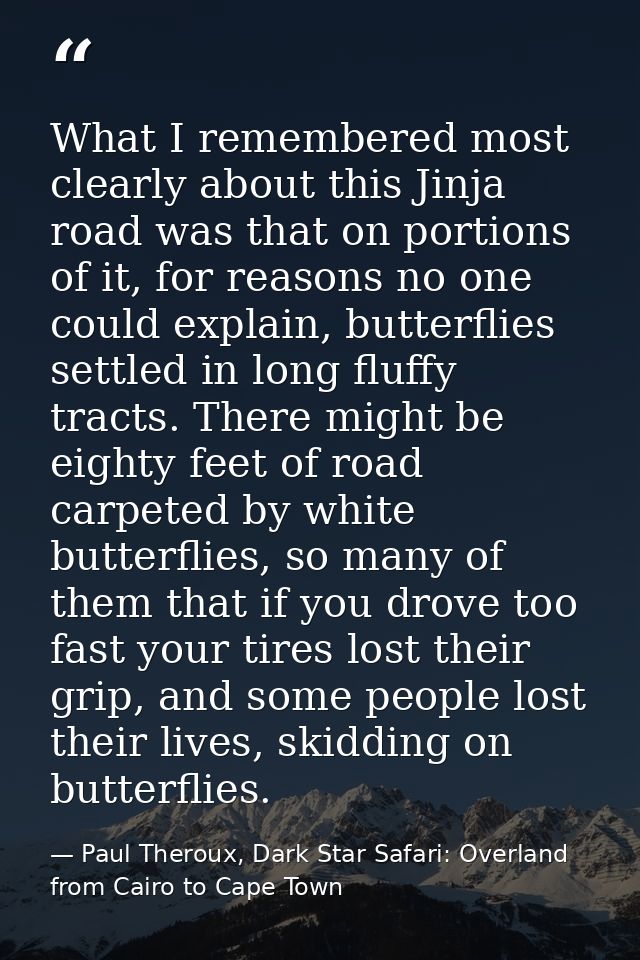 What I remembered most clearly about this Jinja road was that on portions of it, for reasons no one could explain, butte — Paul Theroux, Dark Star Safari: Overland from Cairo to Cape Town