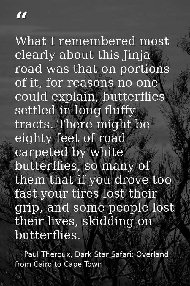 What I remembered most clearly about this Jinja road was that on portions of it, for reasons no one could explain, butte — Paul Theroux, Dark Star Safari: Overland from Cairo to Cape Town