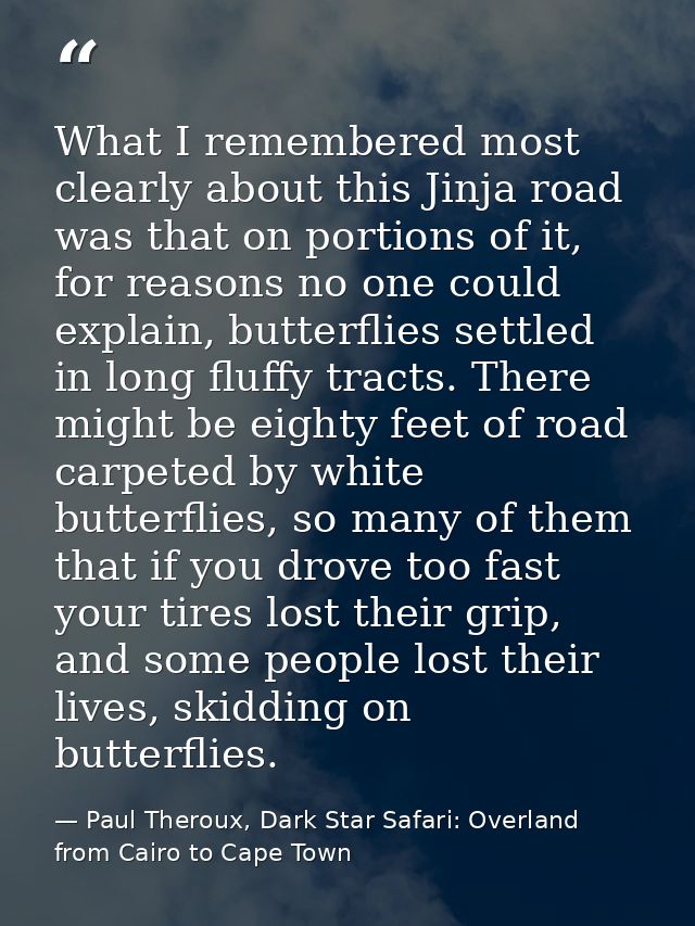 What I remembered most clearly about this Jinja road was that on portions of it, for reasons no one could explain, butte — Paul Theroux, Dark Star Safari: Overland from Cairo to Cape Town