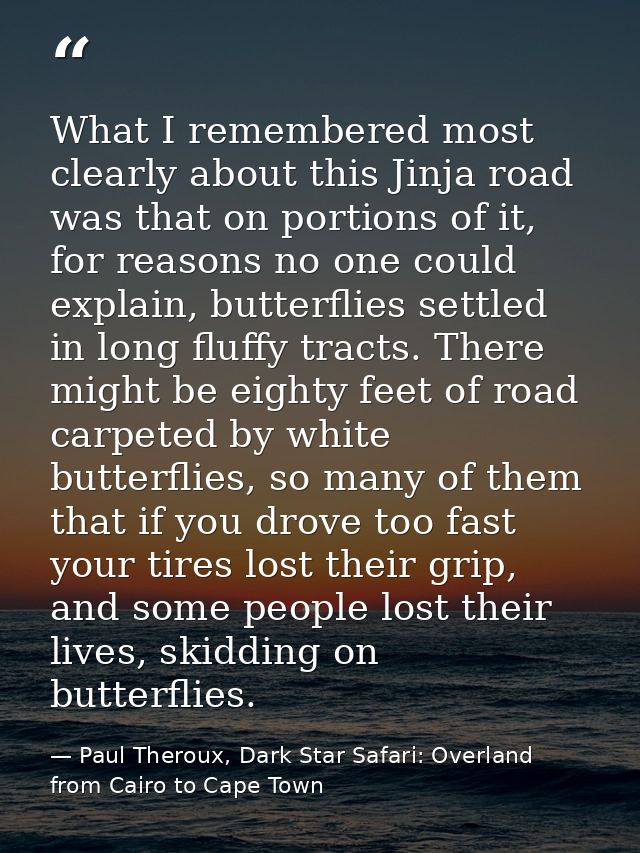 What I remembered most clearly about this Jinja road was that on portions of it, for reasons no one could explain, butte — Paul Theroux, Dark Star Safari: Overland from Cairo to Cape Town