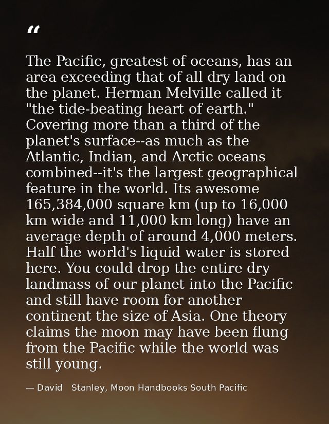 The Pacific, greatest of oceans, has an area exceeding that of all dry land on the planet. Herman Melville called it "th — David   Stanley, Moon Handbooks South Pacific