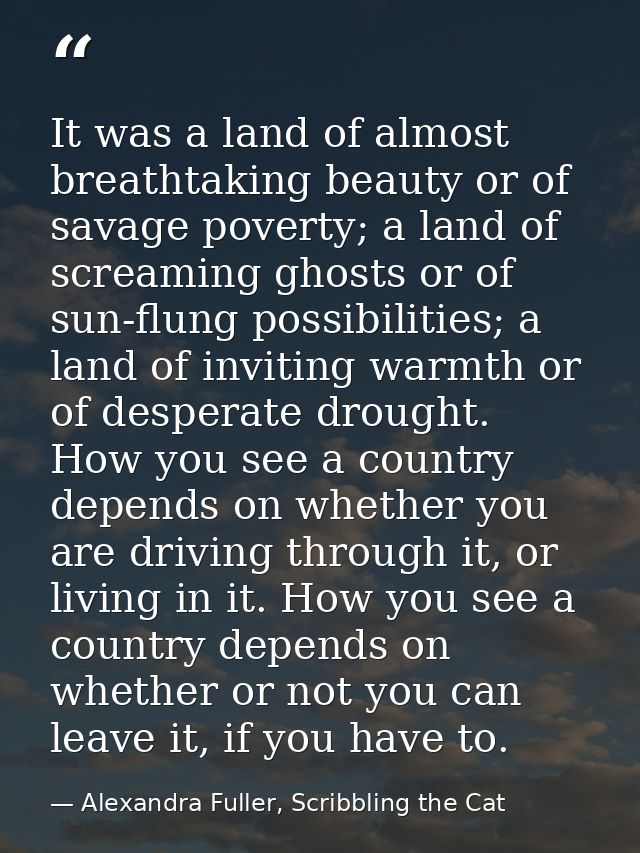 It was a land of almost breathtaking beauty or of savage poverty; a land of screaming ghosts or of sun-flung possibiliti — Alexandra Fuller, Scribbling the Cat