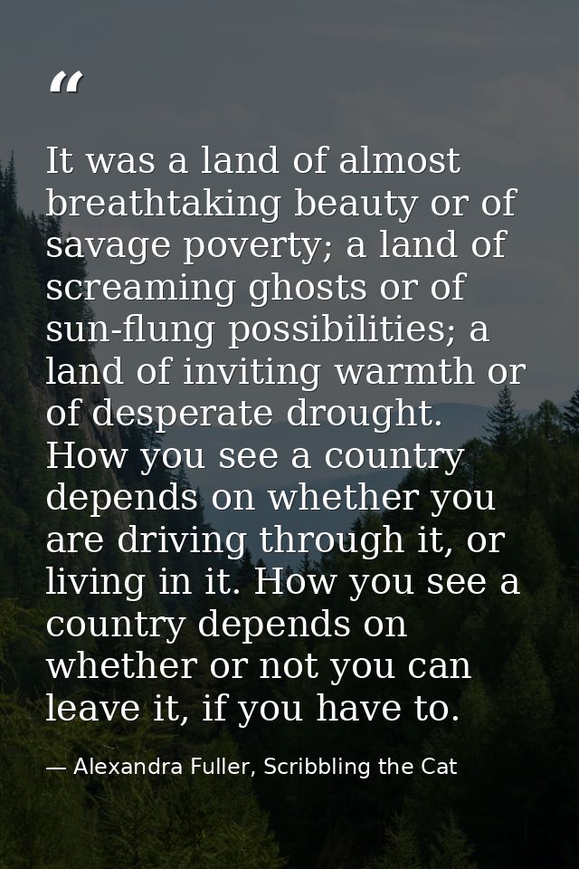 It was a land of almost breathtaking beauty or of savage poverty; a land of screaming ghosts or of sun-flung possibiliti — Alexandra Fuller, Scribbling the Cat