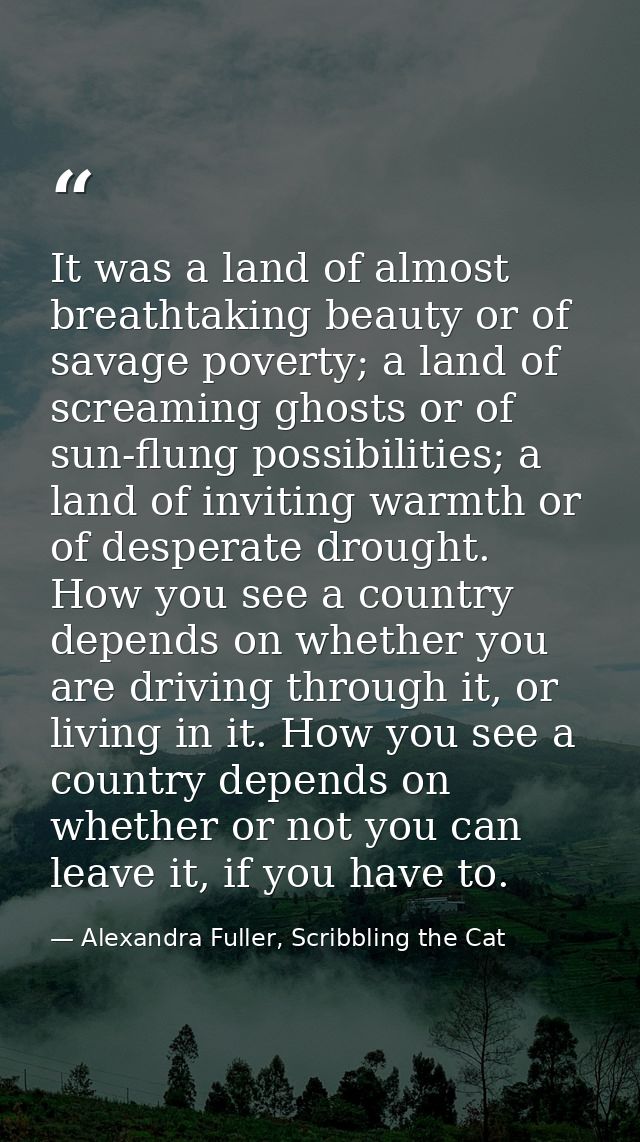 It was a land of almost breathtaking beauty or of savage poverty; a land of screaming ghosts or of sun-flung possibiliti — Alexandra Fuller, Scribbling the Cat