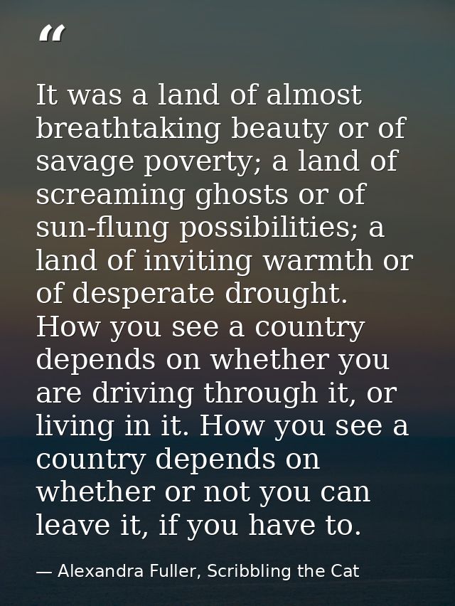 It was a land of almost breathtaking beauty or of savage poverty; a land of screaming ghosts or of sun-flung possibiliti — Alexandra Fuller, Scribbling the Cat
