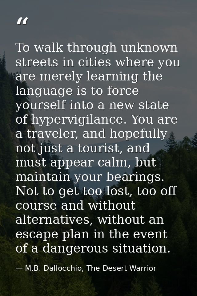 To walk through unknown streets in cities where you are merely learning the language is to force yourself into a new sta — M.B. Dallocchio, The Desert Warrior
