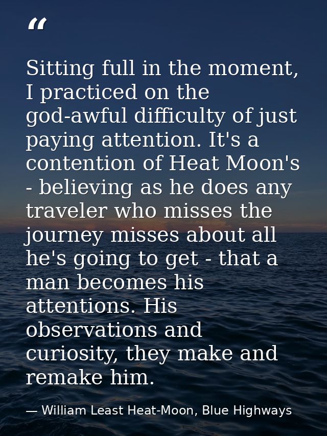 Sitting full in the moment, I practiced on the god-awful difficulty of just paying attention. It's a contention of Heat  — William Least Heat-Moon, Blue Highways