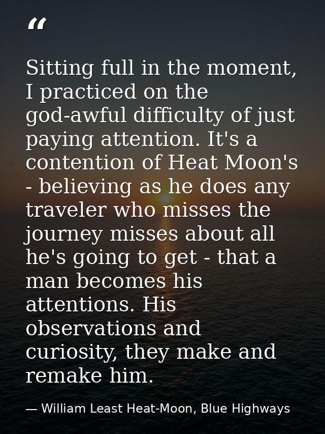 Sitting full in the moment, I practiced on the god-awful difficulty of just paying attention. It's a contention of Heat  — William Least Heat-Moon, Blue Highways
