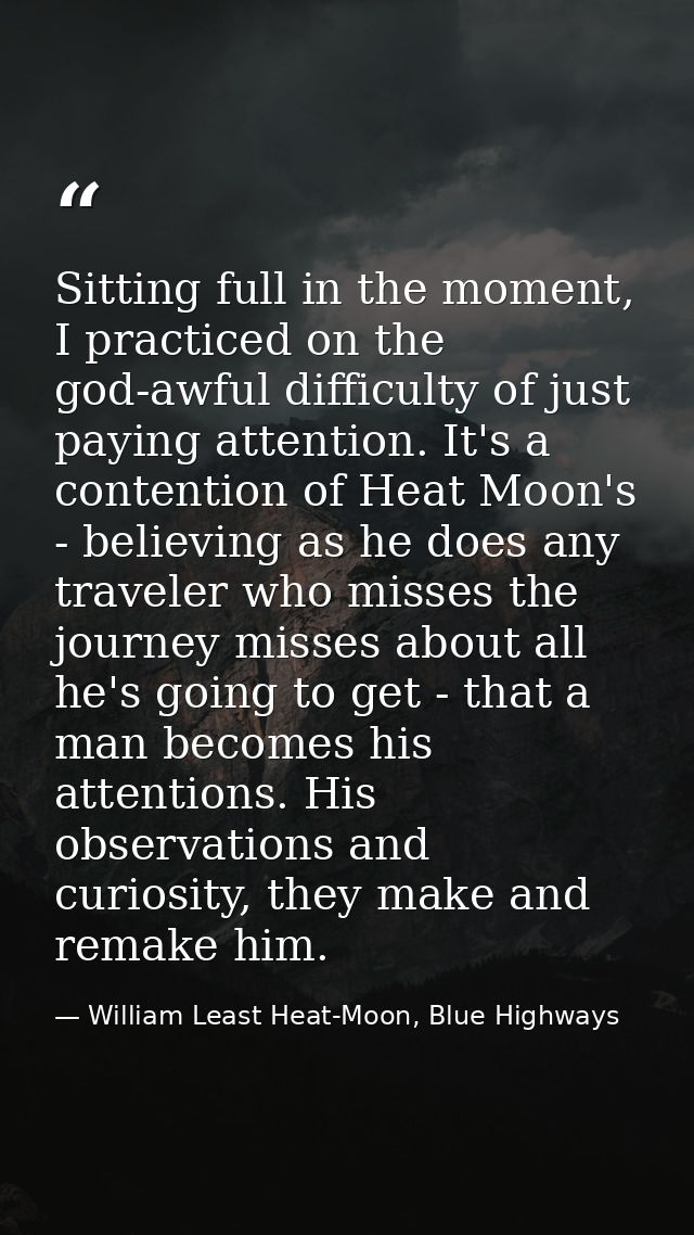 Sitting full in the moment, I practiced on the god-awful difficulty of just paying attention. It's a contention of Heat  — William Least Heat-Moon, Blue Highways