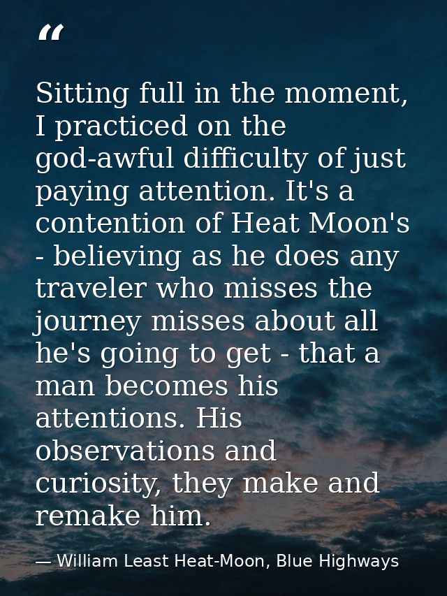 Sitting full in the moment, I practiced on the god-awful difficulty of just paying attention. It's a contention of Heat  — William Least Heat-Moon, Blue Highways