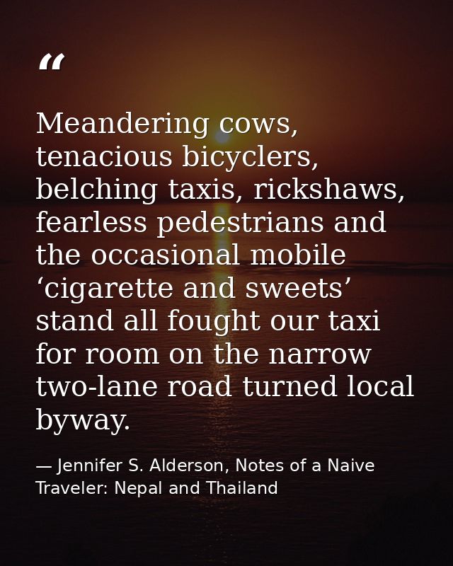 Meandering cows, tenacious bicyclers, belching taxis, rickshaws, fearless pedestrians and the occasional mobile ‘cigaret — Jennifer S. Alderson, Notes of a Naive Traveler: Nepal and Thailand