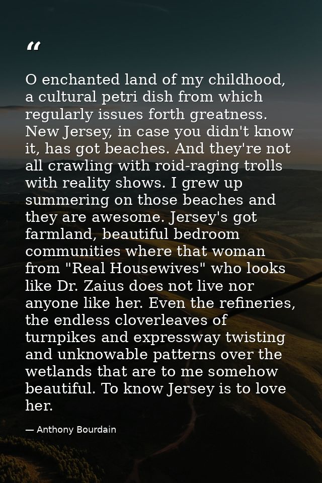 O enchanted land of my childhood, a cultural petri dish from which regularly issues forth greatness. New Jersey, in case — Anthony Bourdain
