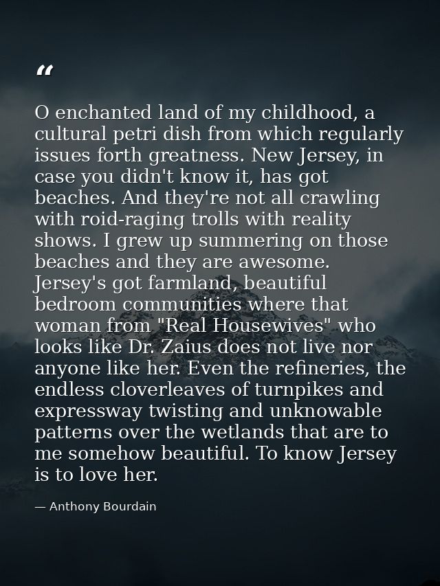 O enchanted land of my childhood, a cultural petri dish from which regularly issues forth greatness. New Jersey, in case — Anthony Bourdain