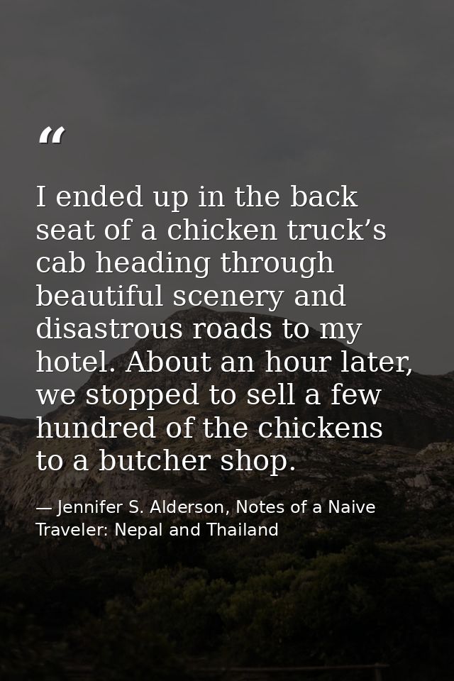 I ended up in the back seat of a chicken truck’s cab heading through beautiful scenery and disastrous roads to my hotel. — Jennifer S. Alderson, Notes of a Naive Traveler: Nepal and Thailand