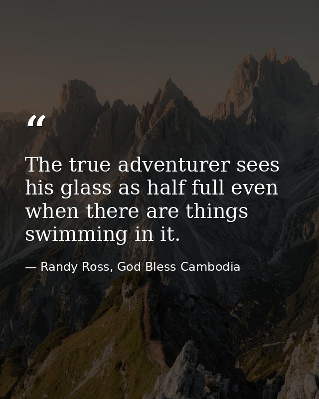 The true adventurer sees his glass as half full even when there are things swimming in it. — Randy Ross, God Bless Cambodia