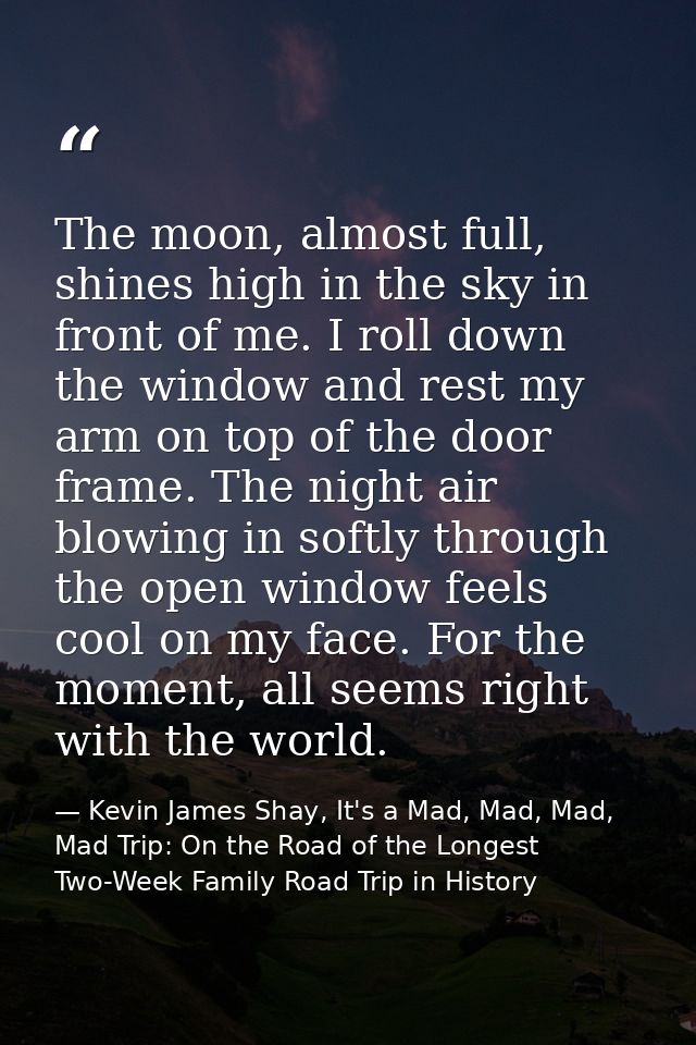 The moon, almost full, shines high in the sky in front of me. I roll down the window and rest my arm on top of the door  — Kevin James Shay, It's a Mad, Mad, Mad, Mad Trip: On the Road of the Longest Two-Week Family Road Trip in History