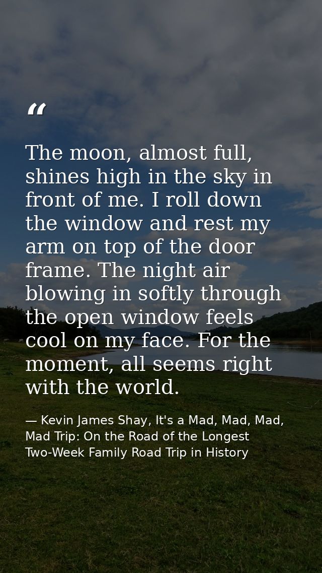 The moon, almost full, shines high in the sky in front of me. I roll down the window and rest my arm on top of the door  — Kevin James Shay, It's a Mad, Mad, Mad, Mad Trip: On the Road of the Longest Two-Week Family Road Trip in History