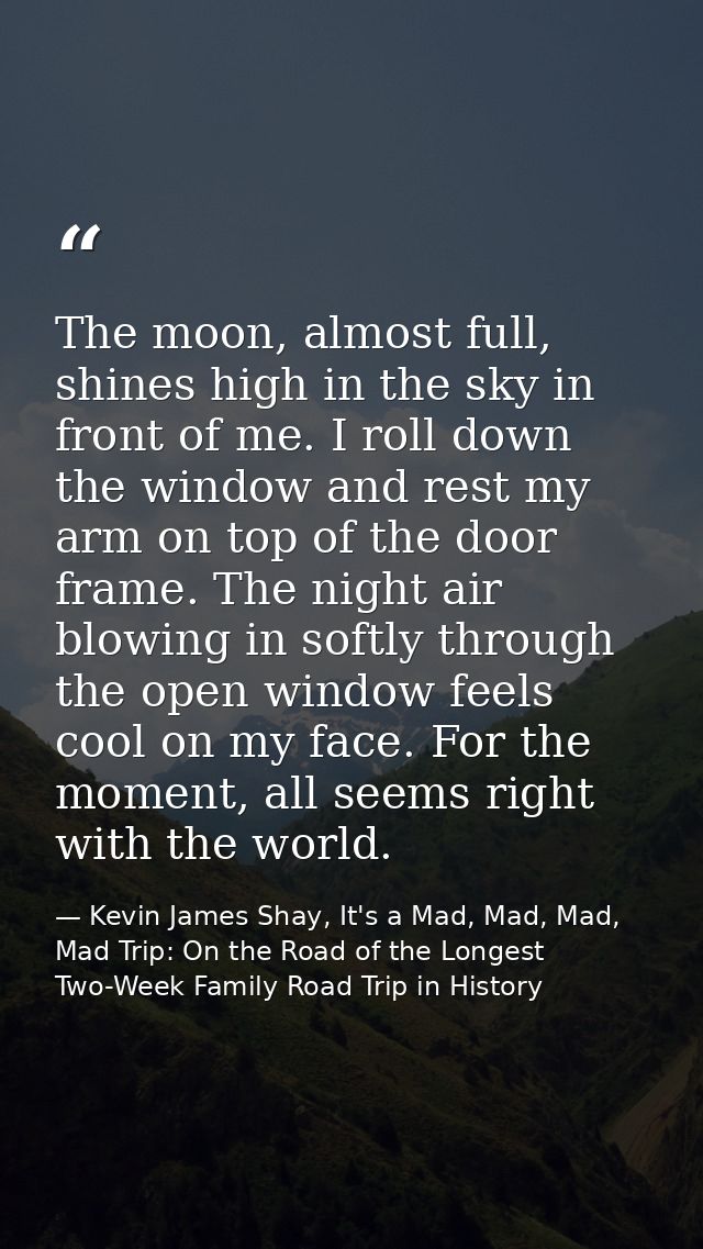 The moon, almost full, shines high in the sky in front of me. I roll down the window and rest my arm on top of the door  — Kevin James Shay, It's a Mad, Mad, Mad, Mad Trip: On the Road of the Longest Two-Week Family Road Trip in History