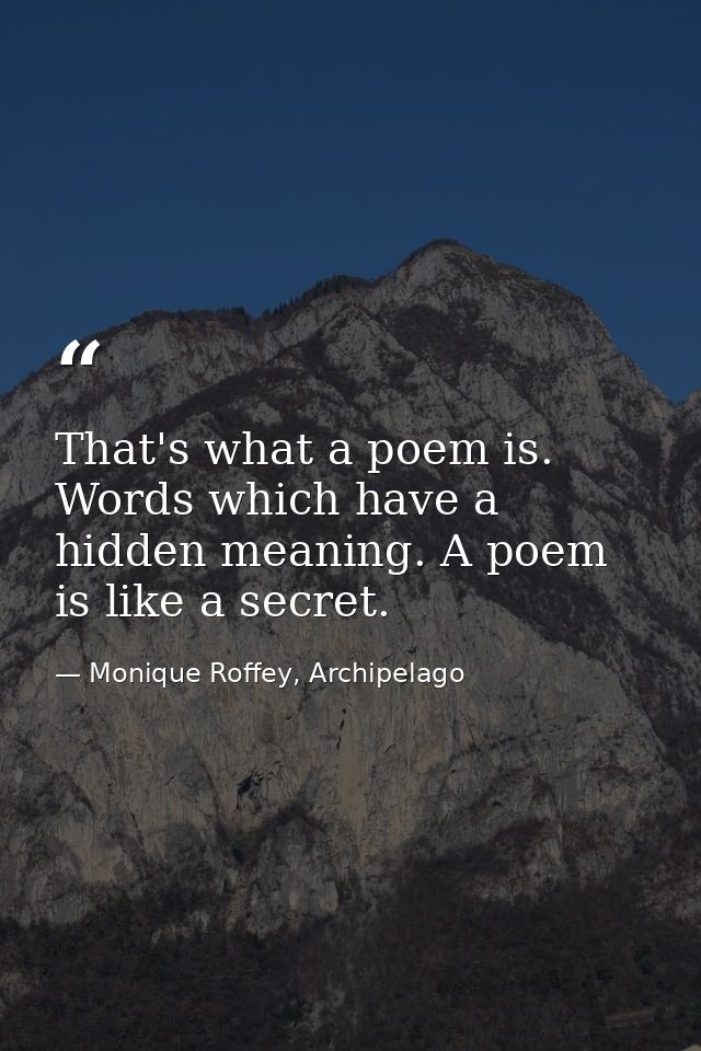 That's what a poem is. Words which have a hidden meaning. A poem is like a secret. — Monique Roffey, Archipelago